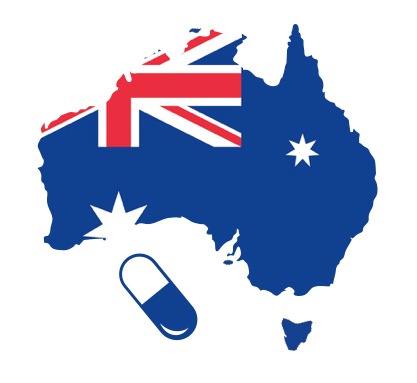 Australia map with pill, colored in there flag