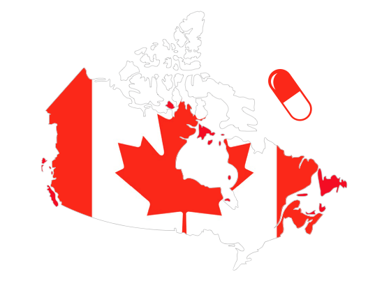 Canada map with pill, colored in there flag