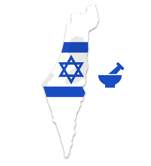 israel map with pill, colored in there flag