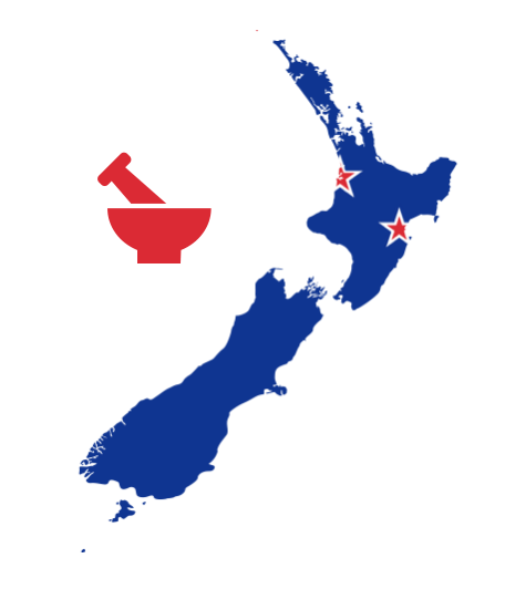 NZ map with pill, colored in there flag