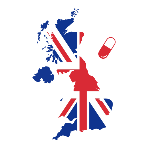 UK map with pill, colored in there flag